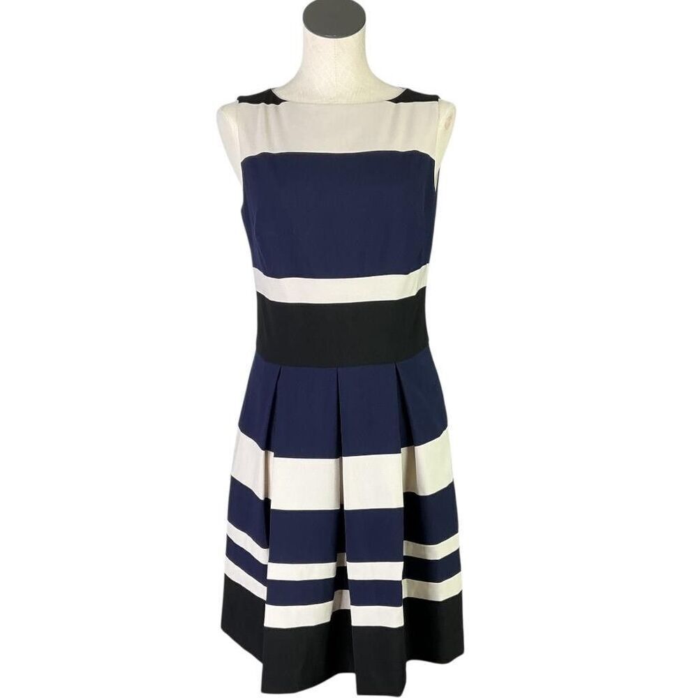 Lauren Ralph Lauren Fit Flare Dress Women 8 Blue Colorblock Stripes Sleeveless